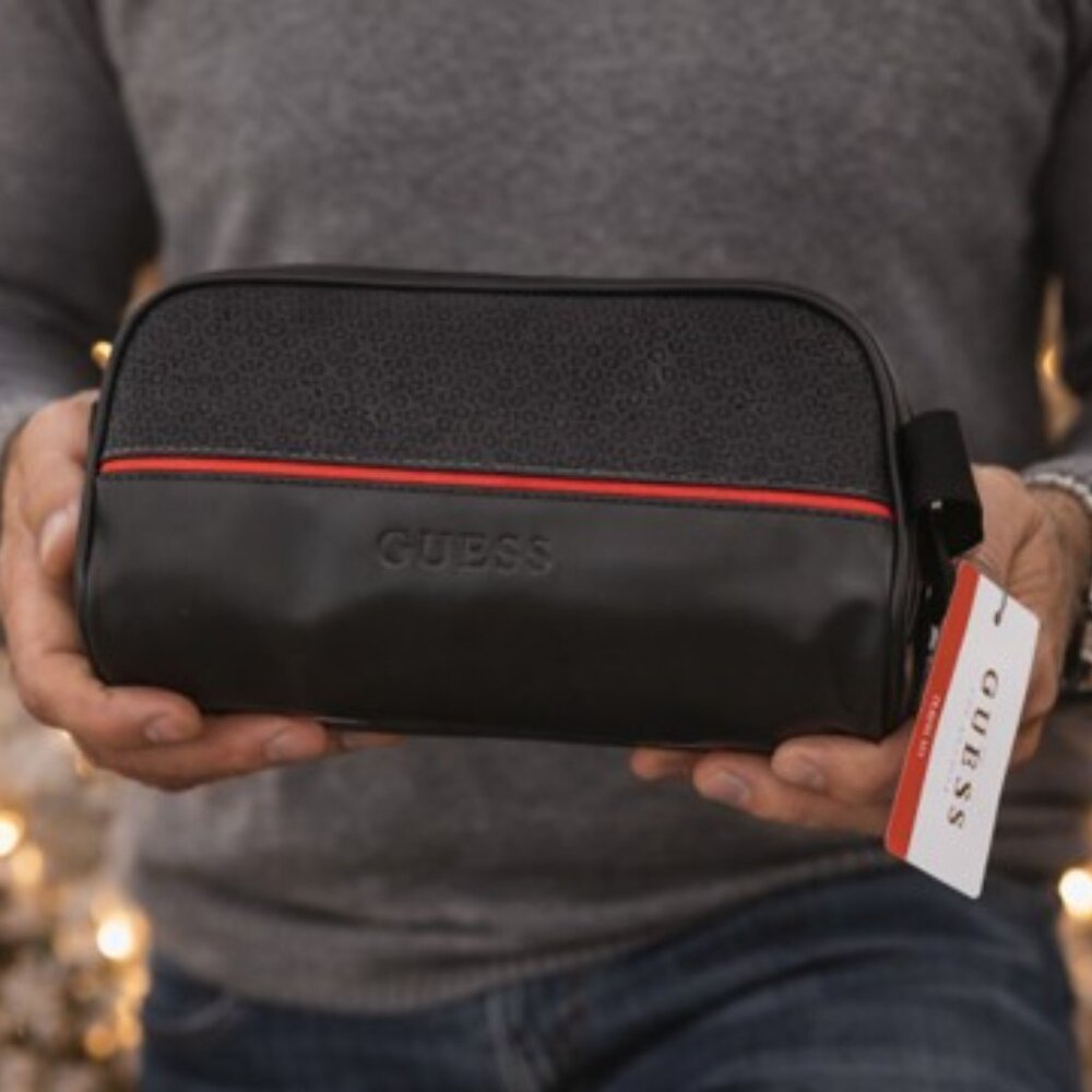 GUESS Men’s Travel Kit Toiletry Bag Black Red Stripe New With Tags